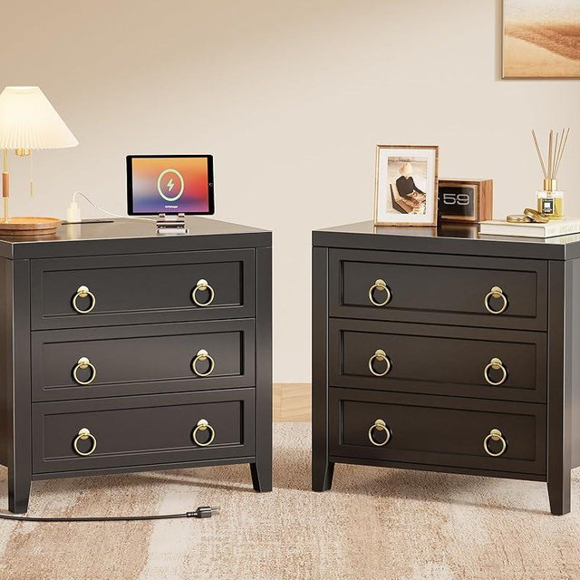 Huuger 23.6 Inch Night Stand with Charger Station and USB-C Port, 3 Drawer Nightstands Set of 2, Larger Wider Bedside Table, Modern End Table, for Bedroom, Black Nightstand