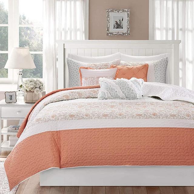 Madison Park MP13-2800 Dawn 6 Piece Cotton Percale Quilted Coverlet Set, Coral