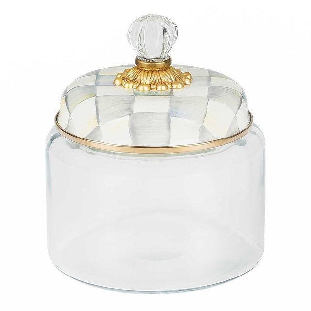 MACKENZIE-CHILDS Sterling Check Kitchen Canister, Glass Kitchen Jar with Lid, Glass Cookie Jar or Treat Jar, Small