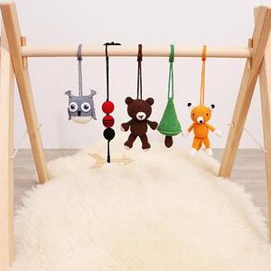 Lumberjack baby play gym with 5 toys. Bear, fox, owl, pine tree, wooden arrow. Woodland. Buffalo plaid. Hunting. Camp. Outdoor adventure.