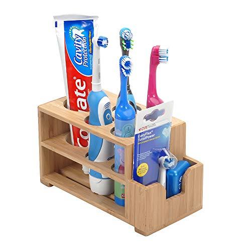 MobileVision Toothbrush & Toothpaste Holder w/Wider Slots for Electric Toothbrushes Plus Floss Holder for Bathroom Vanity Storage Bamboo, 5 Slots
