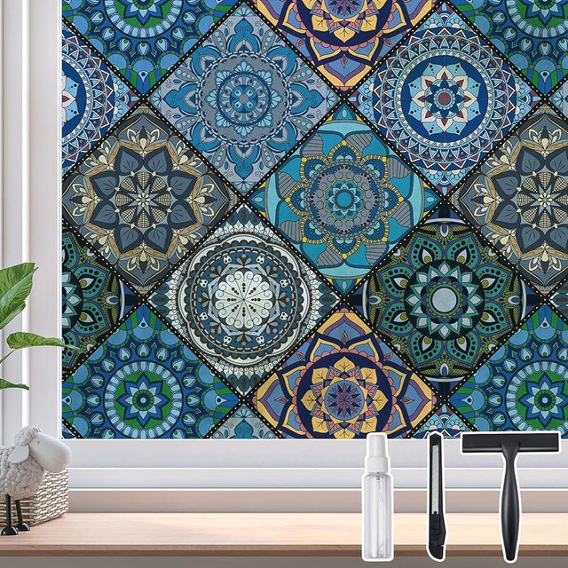 DKTIE Bathroom Window Privacy Film Decorative Films, Get Privacy While Still Letting Light Into Room, Included Tools Easy to Install, Static Cling Renter Frendly (B110-Blue, 35.4" x 118.1")
