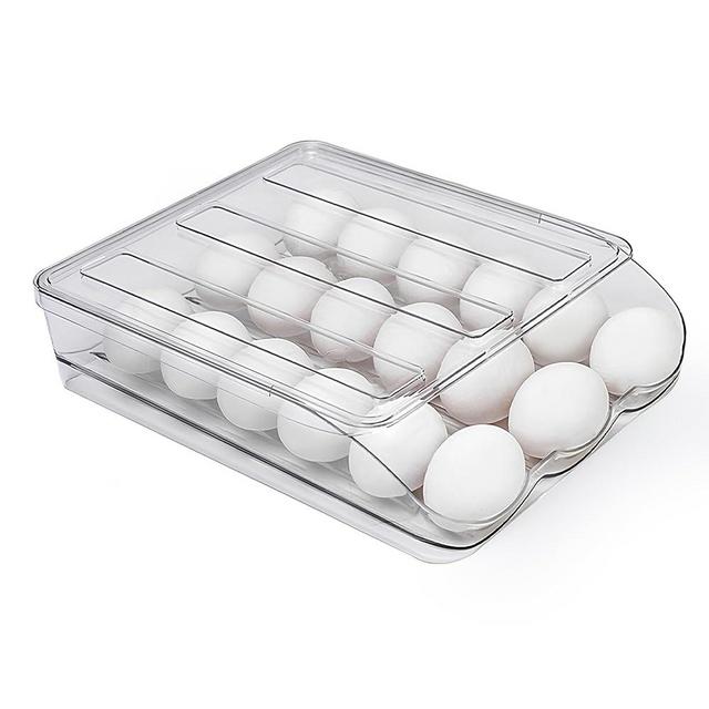 Homediea Transparent Egg Holder for Refrigerator, Auto Rolling Stackable Egg Container, Sturdy Plastic, 18 Egg Storage, Easy to Clean