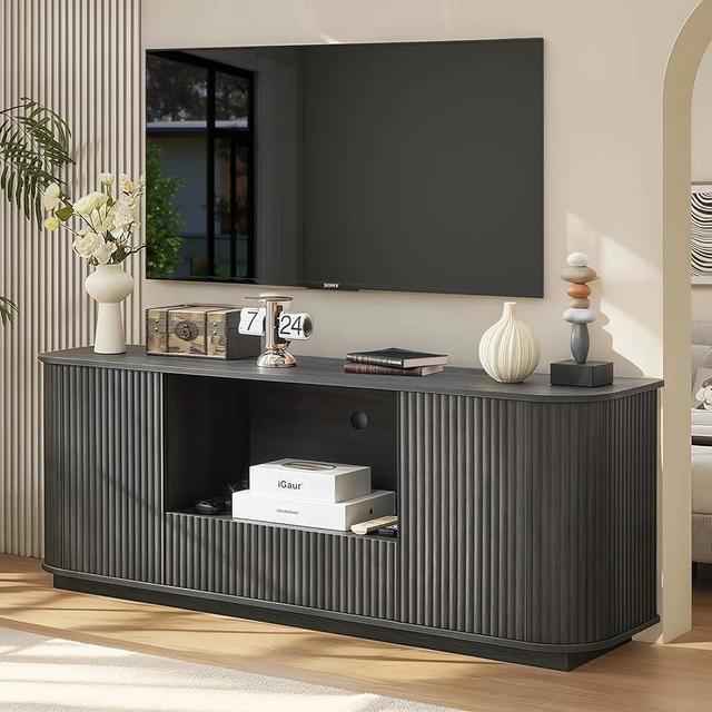 LKTART 64" Fluted TV Stand, Mid Century Modern Entertainment Center for TVs Up to 75 inches, TV Console Table Media Cabinet with Open Shelves for Living Room, Bedroom and Office(Black)