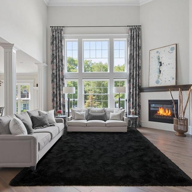 FinRèc 6x9 Feet Black Rugs for Bedroom Living Room, Plush Shag Area Rug, Non-Slip Fluffy Furry Rug for Nursery Kids Room Dorm Room Home Decor, Indoor Shaggy Floor Carpet