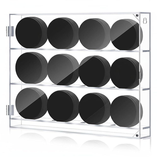Fiwochic Acrylic Hockey Puck Display Case Holders Shadow Box for Gift Clear Holder Holds Stand Showcase Wall Mount Desktop for Ice Hockey Enthusiasts (12 Pucks)