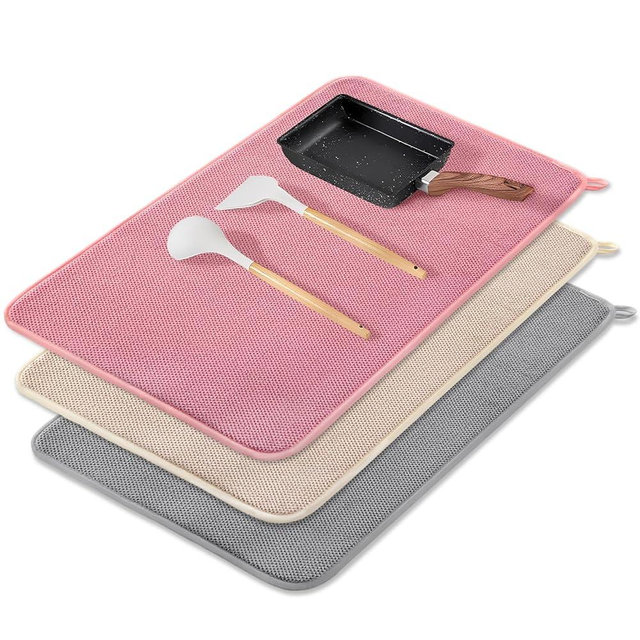 3 Pcs XXL Dish Drying Mats,24×17" Absorbent Microfiber Drainer Mat,Kitchen Counter Pads for Coffee,Rack,Under Sink,Countertops,Pinstripe(Beige/Grey/Pink)