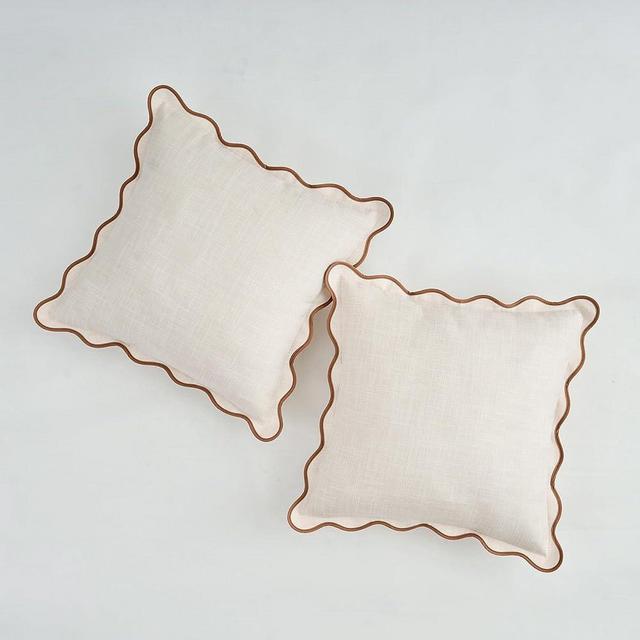Mayler Yee Scalloped Throw Pillow Covers Set of 2 for Living Room, Soft Cotton & Cozy Linen, Boho Sytle Decorative Home (Beige & Khaki, 18x18 Inch)