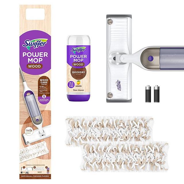 Swiffer PowerMop Wood Mop Kit for Wood Floor Cleaning, Quickdry Solution with Lemon Scent, Mopping Kit Includes PowerMop Wood, 2 Mopping Pad Refills