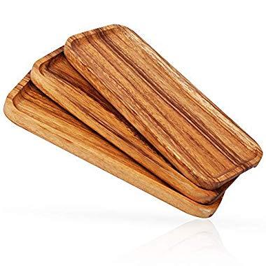11.8-inch Solid Wood Serving Platters and Trays - Set of 3 highly durable dishwasher safe rectangular party plates - Avoid sliding & spilling food with easy-carry grooved handle design