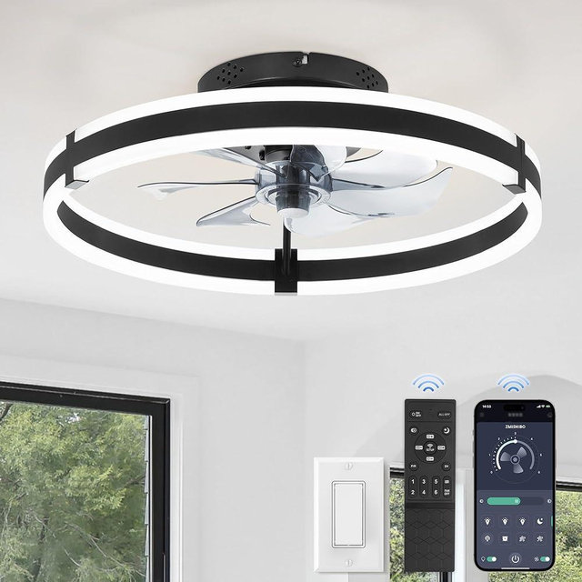 ZMISHIBO Ceiling Fans with Lights and Remote, 19.7'' Low Profile Ceiling Fans, 3000-6000K Dimmable Modern Flush Mount LED Fan Light, 6 Wind Speeds, Black Fandelier Ceiling Fans with Lights for Bedroom