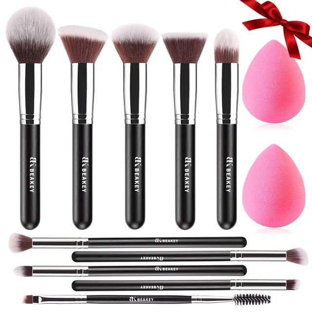 BEAKEY Makeup Brushes Set, Professional Foundation Eyeshadow Concealer Blush Powder Bronzer Applicator, 2 Blender Sponge with Beauty Paper Case, Valentines Day Gifts for Her