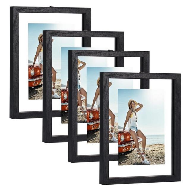 Trwcrt 4x6 Floating Picture Frames Set of 4, Double Glass Photo Frame Display up to 6 x 8 Photos for Desktop or Wall Hanging, Black