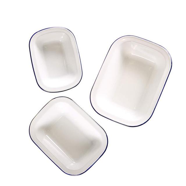 Webake Enamelware Roasting Pan 3-Pack Enameled Cast Iron Oblong Pie Pan Pie Dish Roaster Pan Food Containers - Solid White with Blue Rim