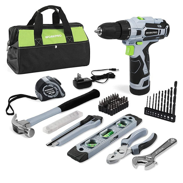 WORKPRO 12V Cordless Drill and Home Tool Kit, 61 Pieces Hand Tool for DIY, Home Maintenance, 14-inch Storage Bag Included