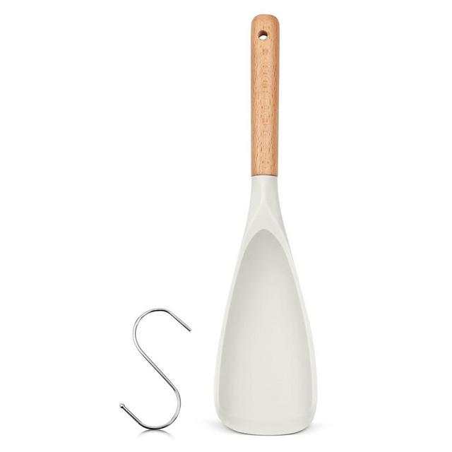 Cooking Spoon for Nonstick Cookwares, Great for Cooking and Serving Durable BPA-Free Matte White Silicone, Wood Handle Spoon for Mixing, Scoop, and Scrape