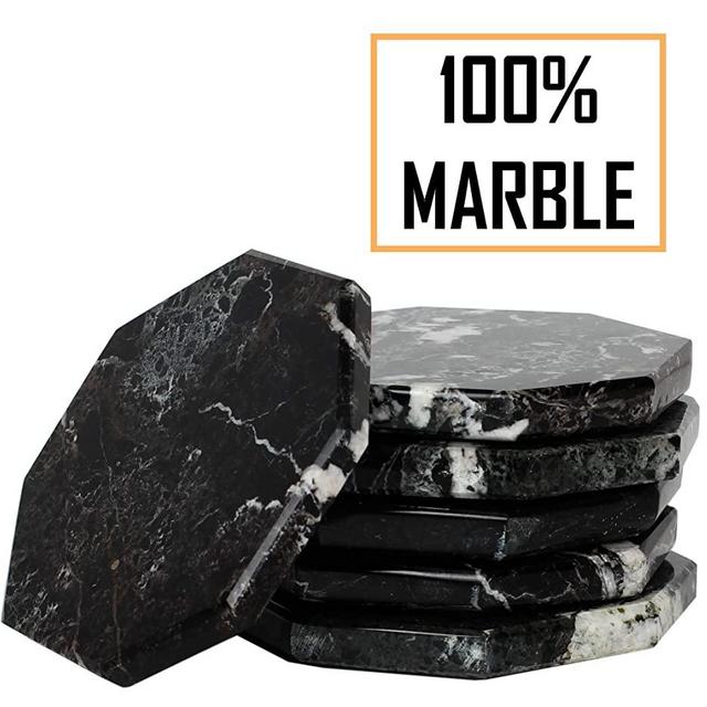 Coaster Set of 6 Handmade Marble Warming Coffee 3.5 Inches Star Coasters Set for Mug Glass Drinks - Non Plastic Non Tile - Ideal for Car and Outdoor Pot Mat Caddy Kitchen Cup Pad Coaster Sets (Black)