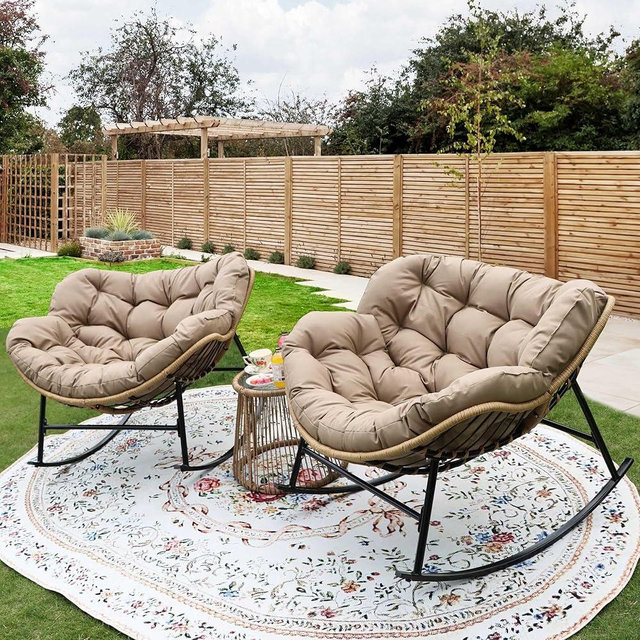 NICESOUL® Indoor Outdoor Rocking Chair with Cushion, Oversized Patio Papasan Rocking Chair, Water Resistant Egg Royal Rocking Chair Beige, 450Lbs Sturdy Comfy Recliner Large Lounging Chair