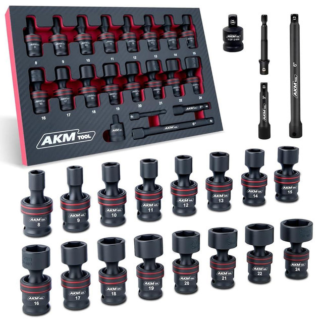 AKM TOOL 3/8" Drive Universal Impact Socket Set, 20 Piece Swivel Socket Set, Universal Joint Socket 6-Point, Metric, 8-24mm, Cr-Mo,with Extension Bars, Socket Adapter, Drill Bit Adapter