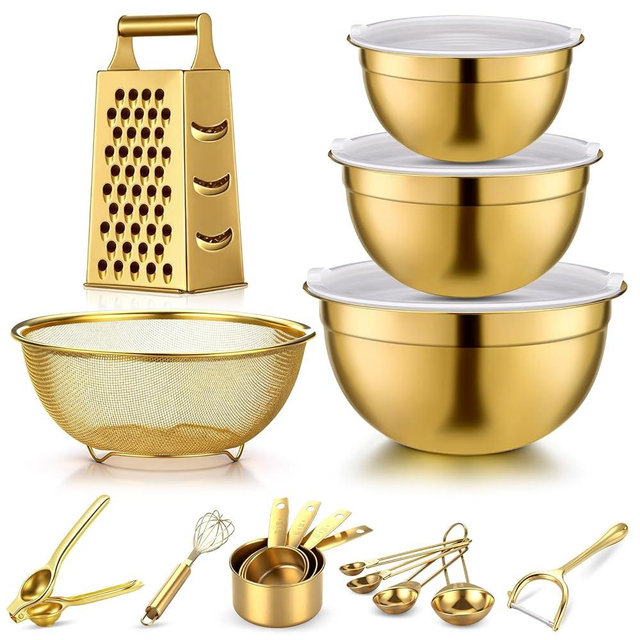 LemonRoad 10 Pcs Gold Kitchen Accessories Set, Includes Gold Mixing Bowls with Airtight Lids, Stainless Steel Colander, Grater Slicer, Lemon Squeezer, Peelers, Egg Whisk, Measuring Cups and Spoons