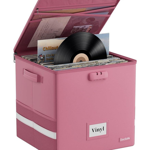 DocSafe Vinyl Record Storage Box with Lock, Fireproof＆Water Resistant Record Organizer for 100+ Single Records(12-inch), Collapsible Storage Crate with Lid&Handles for Valuable Album Collection,Pink