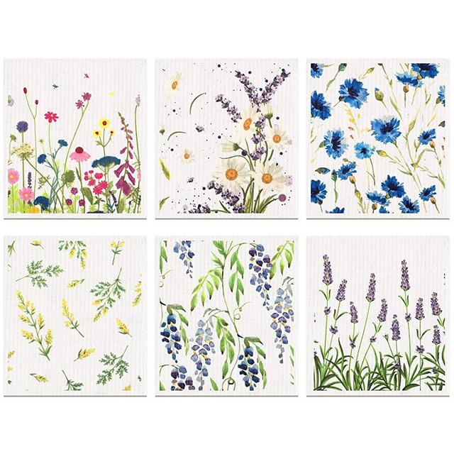 Remagr 6 Pieces Swedish Dishcloths Wildflowers Kitchen Cloths Reusable Sponge Cleaning Cloths Absorbent Dish Cloth Quick Drying Washable Cleaning Wipes No Odor Hand Towel for Kitchen Cleaning