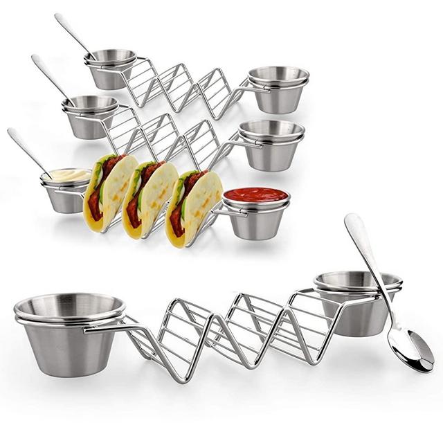 Upgrade Taco Shell Stand Up Holders-4 Pack Premium Stainless Steel Taco Holder with 8 Salad Cups & 4 Spoons,Holds 3 Tacos Each Keeping Shells Upright & Neat