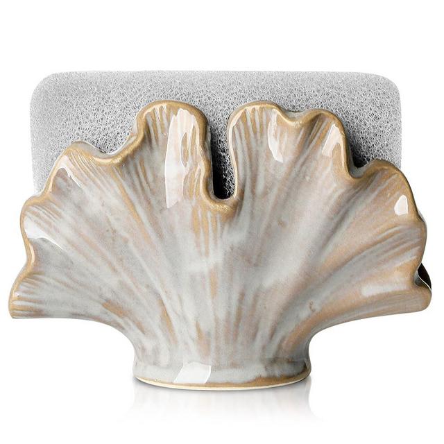 Uiddo Ceramic Sponge Holder,Sponge Holder for Kitchen Sink,Compact Sink Caddy Organizer-Scouring Pad and Dish Holder,Farmhouse Kitchen Decor Cute Gadgets Accessories(Brown Grey)