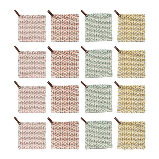 Creative Co-Op Light Hue Cotton Crocheted Pot Holder with Leather Loop, Multicolor, Set of 4