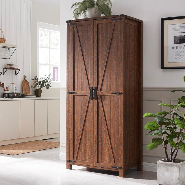 OKD Storage Cabinet, 32''W Farmhouse Kitchen Pantry Cabinet with 2 Barn Doors and Shelves, 72'' Tall Rustic Armoire w/Hanging Rod for Kitchen, Living Room, Reclaimed Barnwood Color