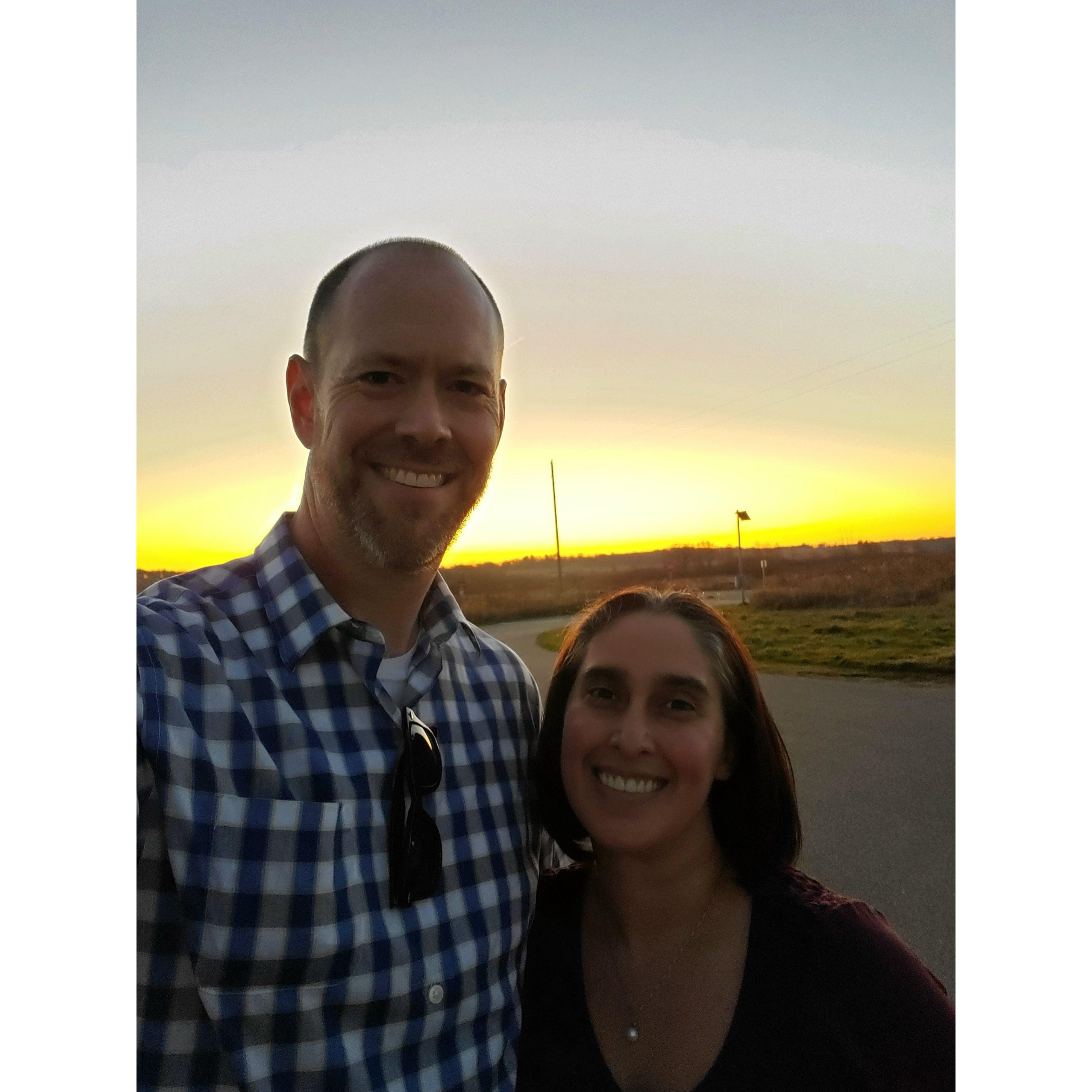 Couples Adventure Challenge: We rode our bikes from Glacial Park to Rusty Malts and back. Got a great picture as the sun was setting. Then drove to Riverside Chocolate Factory. Nov 7, 2020