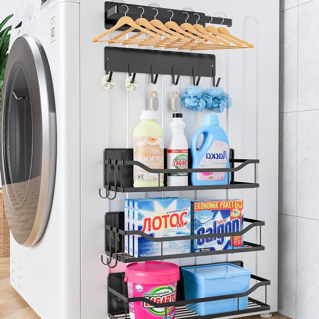 Magnetic Spice Rack,Multifunctional Magnetic Shelf for Washing Machine,Refrigerator,Microwave,and Any Metal Surface,Powerful Magnetic Shelves Include Magnetic Paper Towel Holder (5 pcs - Black)