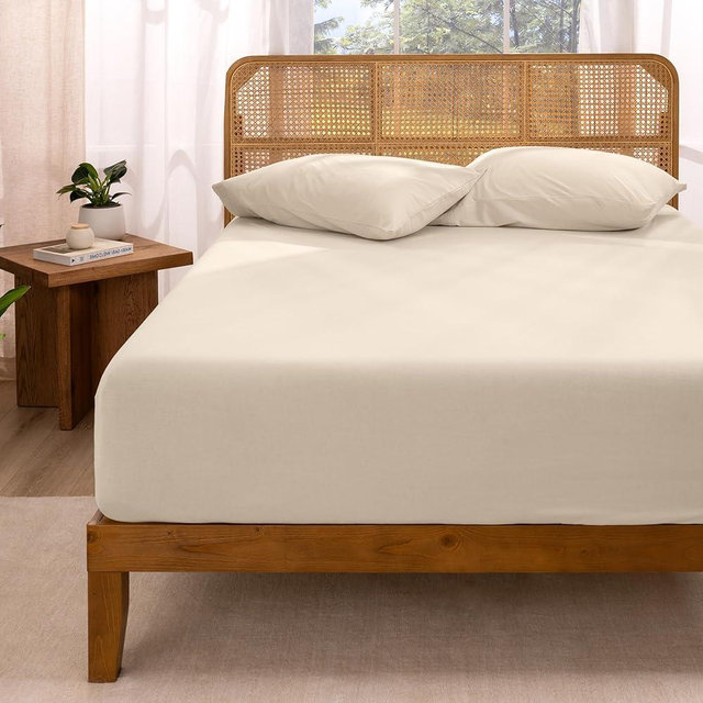 Bare Home 100% Organic Cotton Jersey Fitted Sheet - Queen Size - Ultra Soft - Deep Pocket Fitted Sheet - 100% Cotton - Ring Spun Yarns (Queen, Sand)