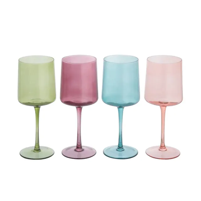 Storied Home Hand Blown Stemmed Wine Glasses, 14 Ounces, 4 Assorted Colors