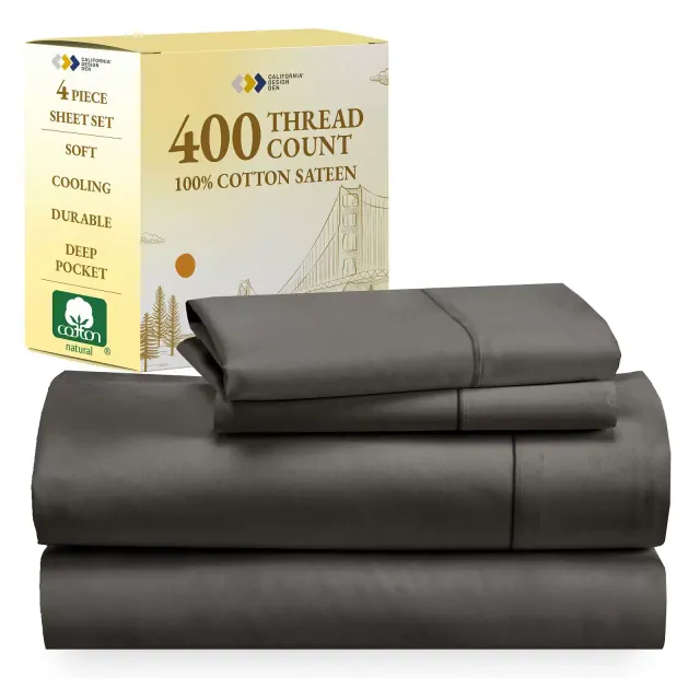 Dark Gray Cal King Sheet Set - 100% Cotton Cooling Bed Sheets, 400 Thread Count Sateen Weave, Deep Pocket 4 Piece Bedding - California Design Den
