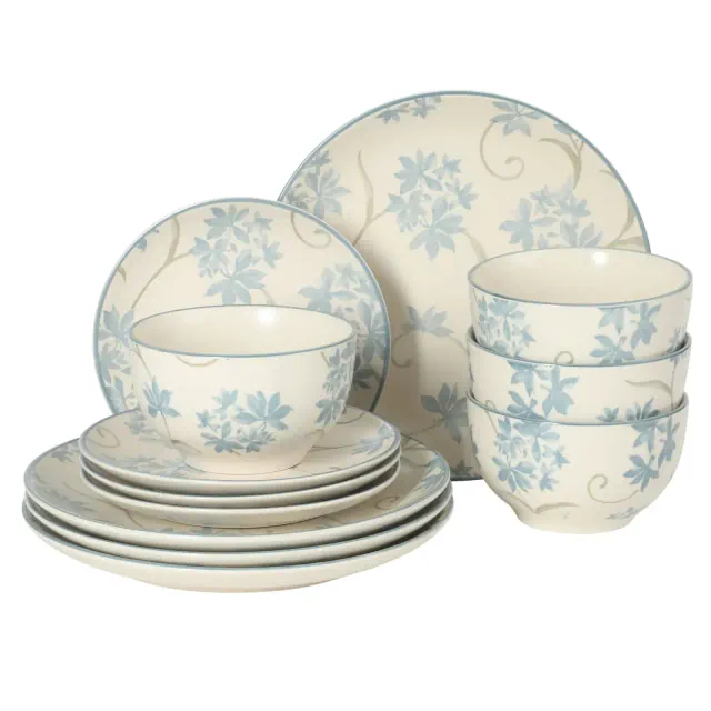 Gibson Home Admiral Hall 12-Piece Matte Floral Stoneware Dinnerware Set – Blue