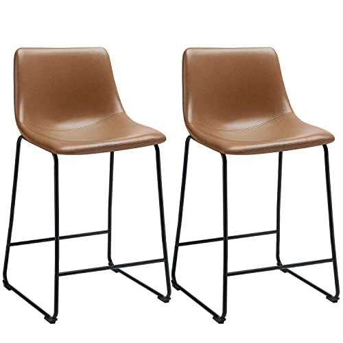Waleaf 26 inch PU Faux Leather Counter Height Stools Armless with Back Black Metal Legs Upholstered Modern Bar Stool Pub Chairs for Dining Room Coffee House Rustic Bar, Set of 2 (Whisky)