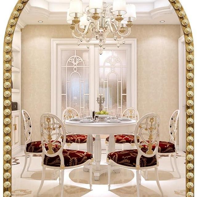 JIINGYO Arched Mirror for Wall, 20"x30" Gold Arch Bathroom Vanity Mirror, Metal Floral Frame Decorative Arch Wall Mirror, Antique Gold Arched Mirror for Washroom, Bedroom, Entryway, Living Room