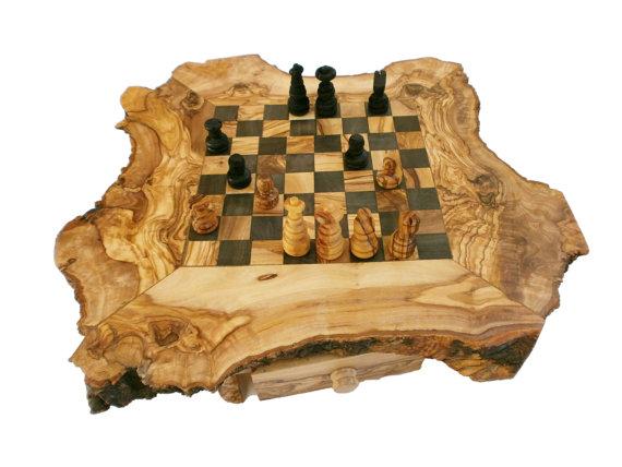 Unique Olive Wood Natural Edges Chess Set, Personalized Custom Wooden Chess Board Set Game, Dad gift