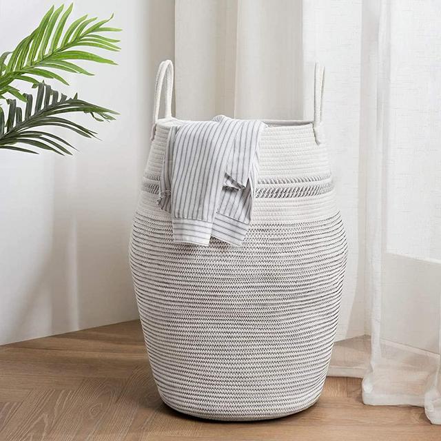 YOUDENOVA 105L Extra Large Woven Laundry Hamper Basket with Heavy Duty Cotton Rope Handles for Clothes and Toys in Bedroom, Nursery Room, Bathroom, Collapsible