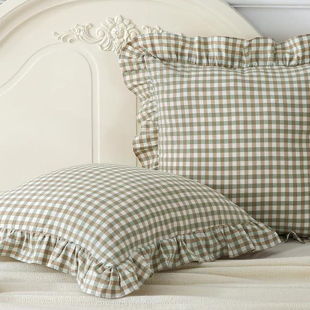 Sage Green Plaid Ruffle Throw Pillow Covers 20x20 inches,2 Pack Vintage Checkered Washed Cotton Pillow Shams for Bed Sofa Living Room
