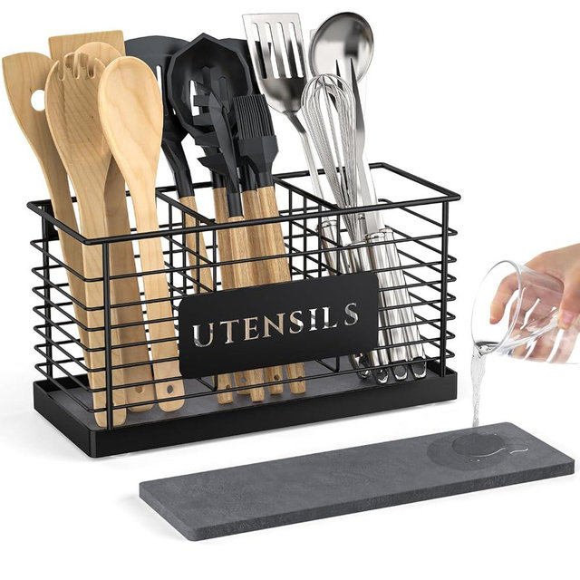 THYGIFTREE Utensil Holder for Kitchen Counter with Diatomaceous Earth Base, Large Black Metal Cooking Tool Organizer with 3 Compartments, Countertop Utensil Holder for Spatula and Kitchen Utensils