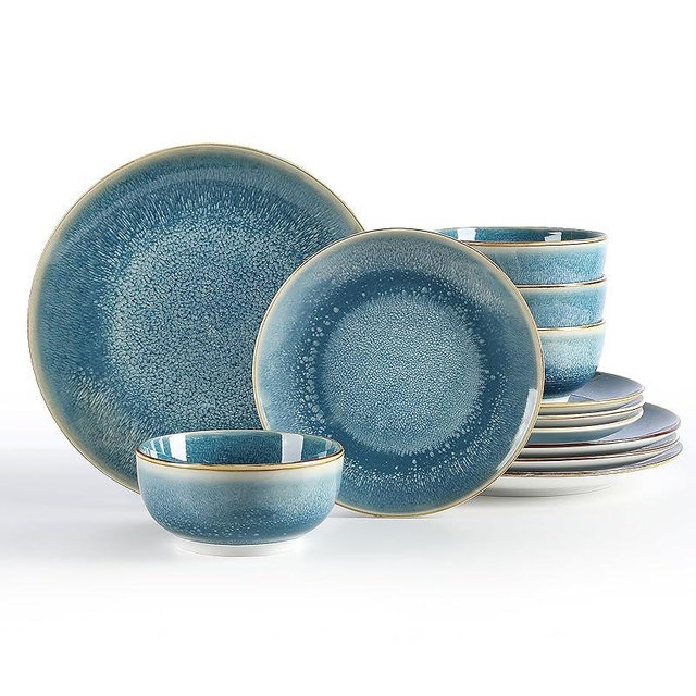 Sweejar Dinnerware Sets Service for 4, 12 pcs Porcelain Plates and Bowls for Kitchen, Housewaring Gift, Chip and Scratch Resistant Dish Set, Handmade Dishwasher and Microwave Safe Plate Set, Blue
