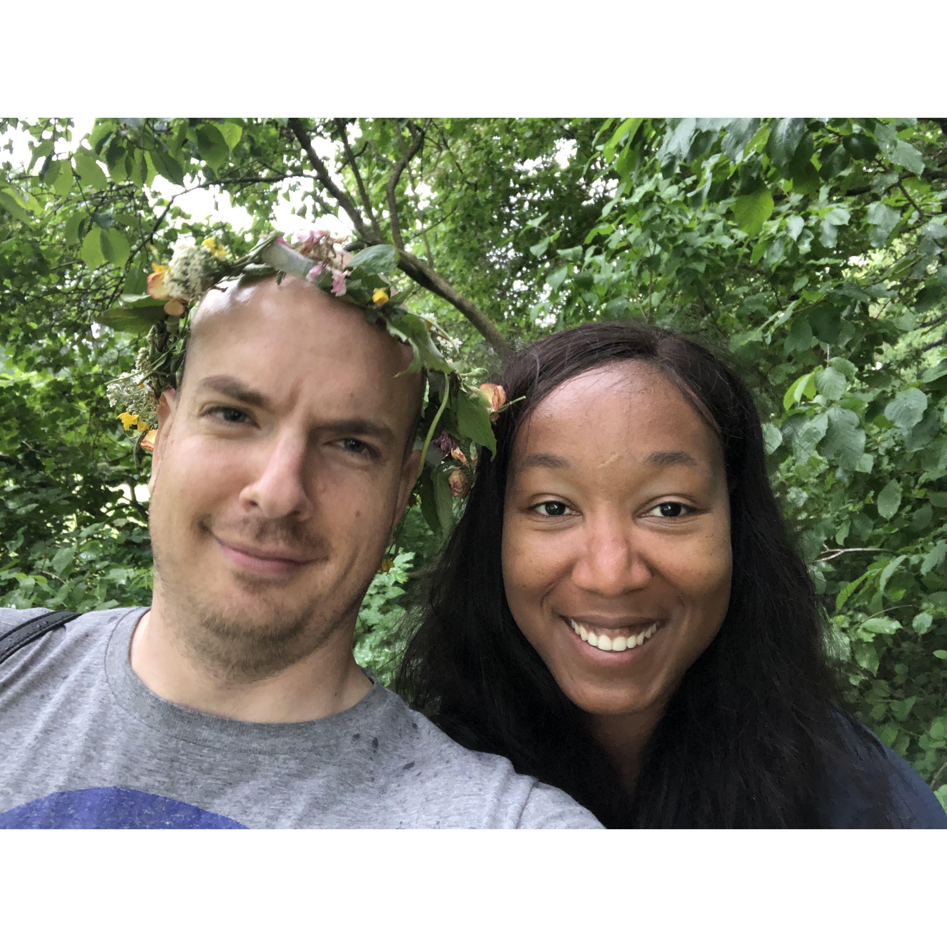Celebrating Swedish Midsummer. The wreath that Sam has on his head is normally for women, but Sam thought that it looked good on him too.