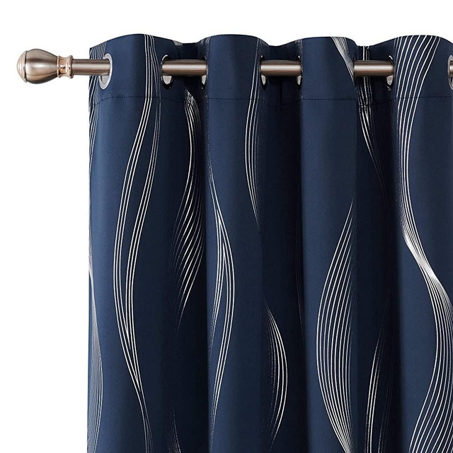 Deconovo Blackout Curtains Wave Striped Foil Print Room Darkening Grommet Blackout Curtain for Bedroom 52x84 Inch Navy Blue 2 Panels