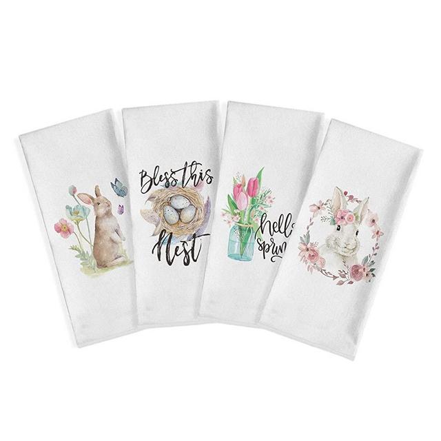 Artoid Mode Easter Rabbit Eggs Kitchen Dish Towels, 18 x 28 Inch Seasonal Spring Tulip Flower Wreath Ultra Absorbent Drying Cloth Tea Towels for Cooking Baking Set of 4