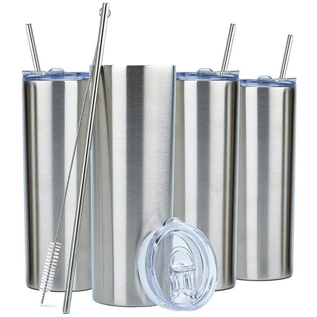 SKINNY TUMBLERS (4 pack) 20oz Stainless Steel Double Wall Insulated Tumblers with Lids and Straws | -Wall Insulated Mug Iced Coffee Cup Travel Tumbler Reusable Water Bottle for Tea, Smoothies (Silver)