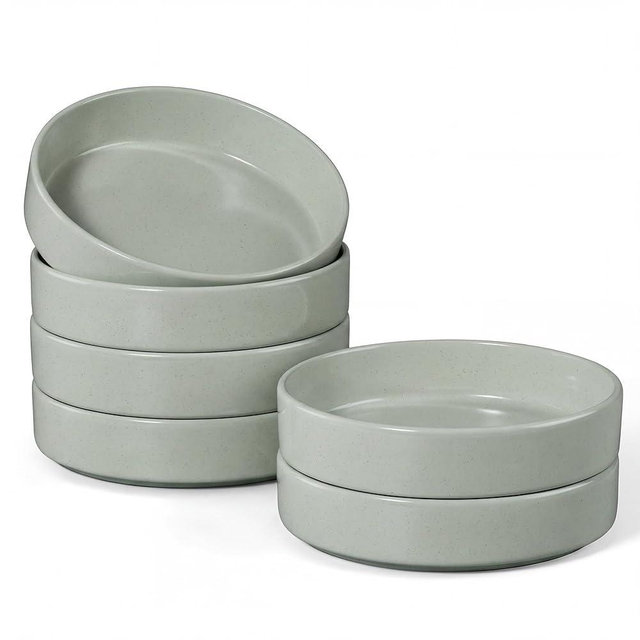 E-far Pasta Bowls Set of 6, 35 oz Large Stoneware Bowl Plates | Shallow & Wide Ceramic Pasta Serving Plates for Salad Dinner Soup | Microwave & Dishwasher Safe, Speckled Green