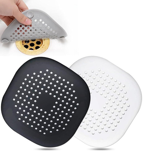 Hair Drain Catcher,Square Drain Cover for Shower Silicone Hair Stopper with Suction Cup,Easy to Install Suit for Bathroom,Bathtub,Kitchen 2 Pack (Ivory White Black)