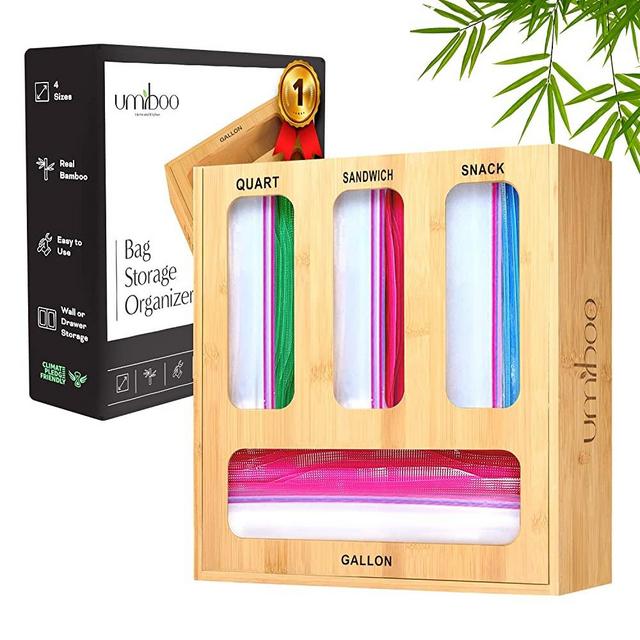 Bamboo ziplock bag organizer for drawer | plastic bag organizer | zip lock bag organizer | Ziploc bag organizer | storage bag organizer | sandwich baggie organizer for kitchen drawer or wall mounting